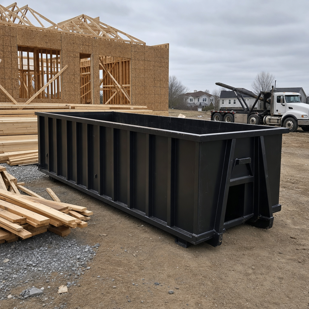 Matte-black 40-yard roll-off dumpster staged on a framed-out residential construction site in Pleasanton, framing lumber stacked nearby, hooklift delivery truck visible in the background under bright Colorado daylight