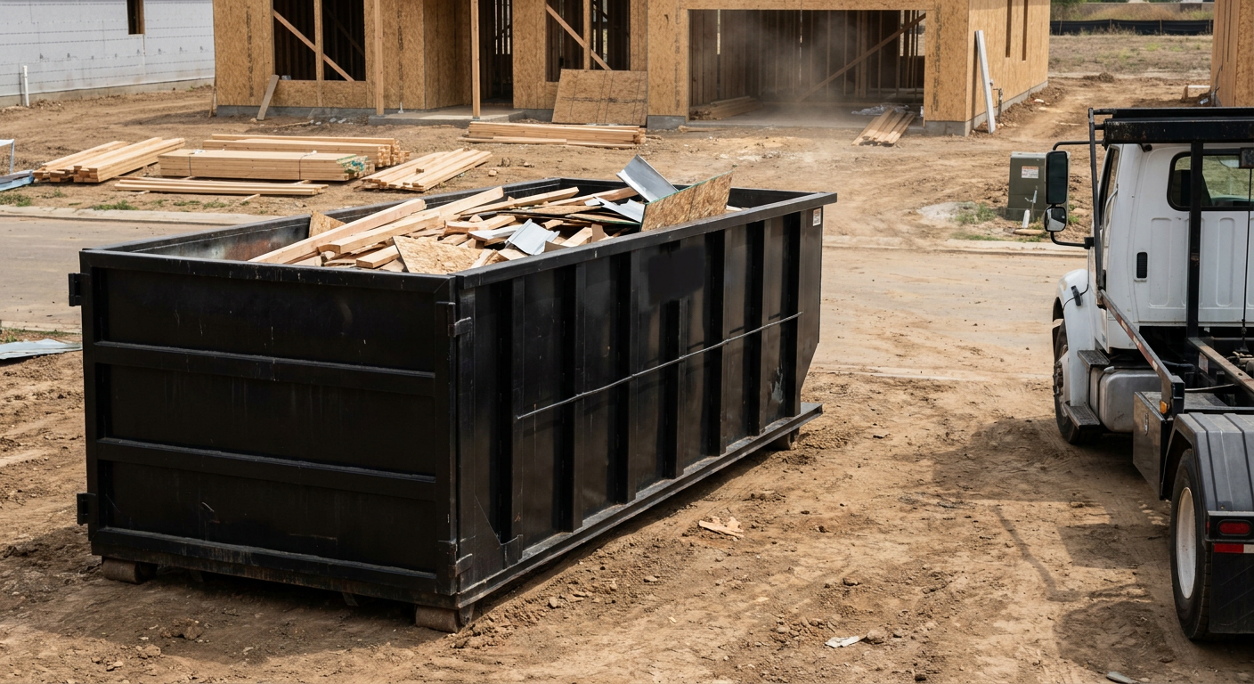 Matte-black 20-yard roll-off construction dumpster with heavy ribbed steel sidewalls and swing rear doors at a working jobsite in Pleasanton, sitting directly on compacted dirt with an unmarked white hauler partially visible at the far edge of the frame.