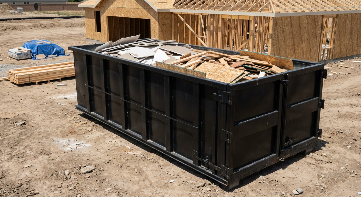 Matte-black 30-yard roll-off construction dumpster sitting directly on the compacted-dirt site of a framed single-family home build in Pleasanton, drywall and lumber scrap loaded inside.