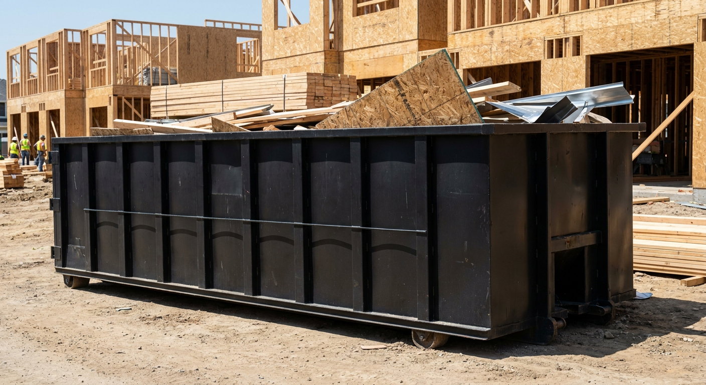 Matte-black 40-yard roll-off construction dumpster being lowered from a white-cab hooklift delivery truck onto the compacted-dirt jobsite at a commercial build site in Pleasanton