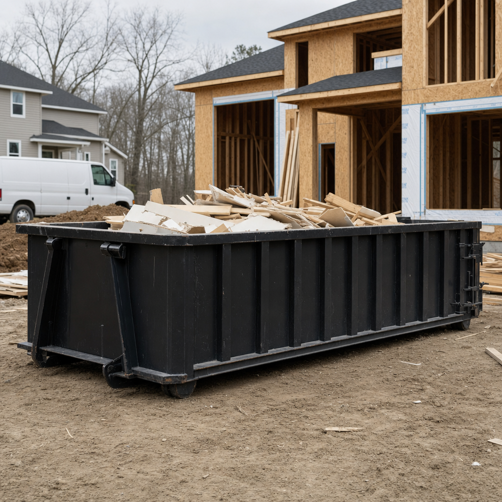 Worker in a yellow high-visibility vest tossing framing lumber and broken drywall into a matte-black 30-yard construction roll-off dumpster on an active build site in Pleasanton, bright daylight