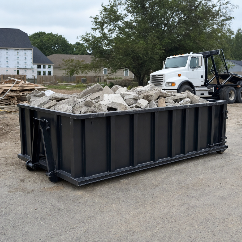 Low-profile matte-black lowboy roll-off dumpster loaded with broken concrete slab and rebar at a foundation tear-out in Pleasanton, skid steer parked beside it, sunny Colorado morning