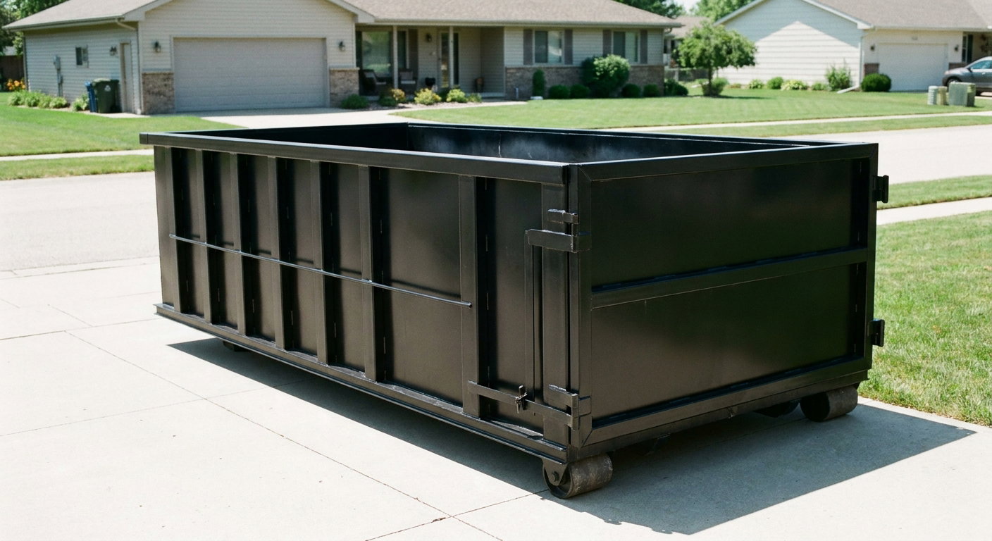 Matte-black 10-yard roll-off dumpster on a residential concrete driveway in Pleasanton, uniformly painted matte black across every panel and rail, ribbed steel sidewalls and rear swing door visible, mid-day daylight.
