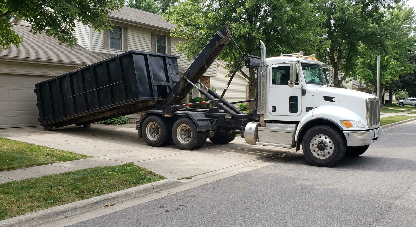 White-cab hooklift roll-off truck actively lowering a matte-black dumpster onto a Pleasanton residential concrete driveway, the dumpster's rear wheels touching the driveway as the hoist arm tilts the bed forward, mid-morning daylight.