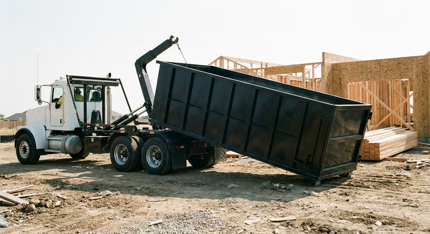 Matte-black roll-off dumpster being delivered onto a clean residential concrete driveway in Pleasanton by an unmarked white hooklift hauler truck, bright morning daylight, documentary 35mm perspective.