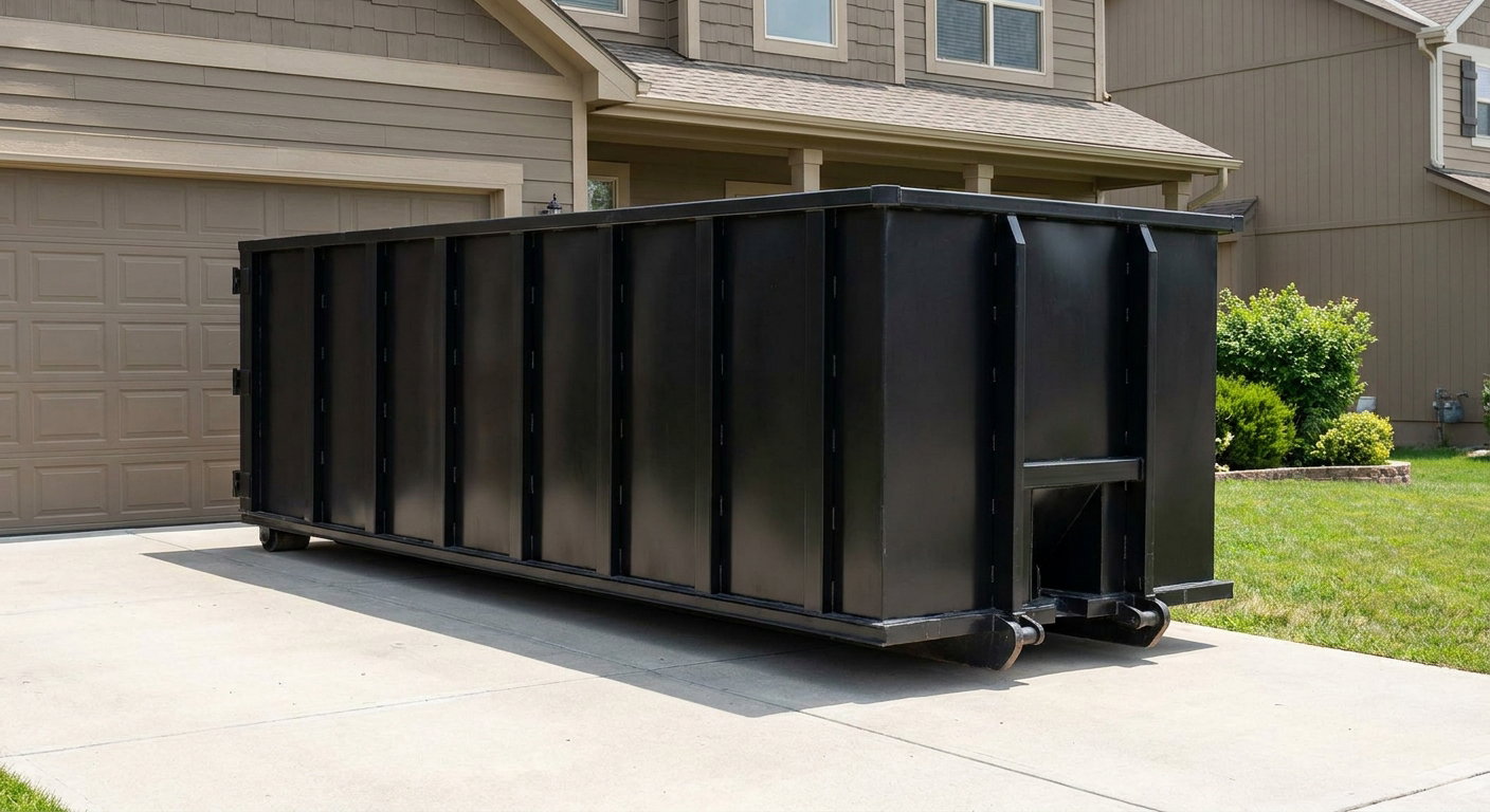 Matte-black residential roll-off dumpster sitting directly on a suburban Pleasanton concrete driveway, garage door closed, single-family home in background, bright morning daylight.