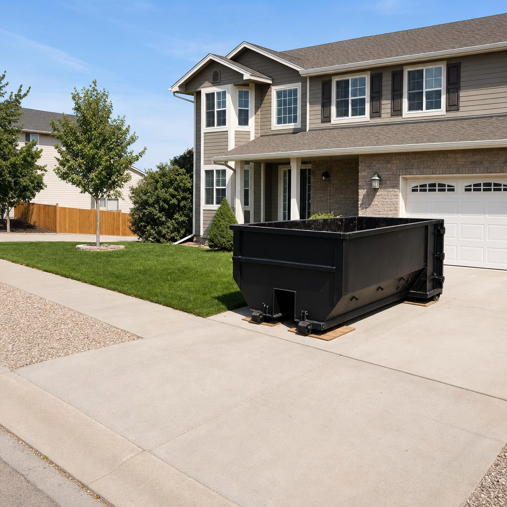 10-yard matte-black residential dumpster placed directly on a narrow Pleasanton concrete driveway, room remains for a parked sedan beside it, mid-morning natural light