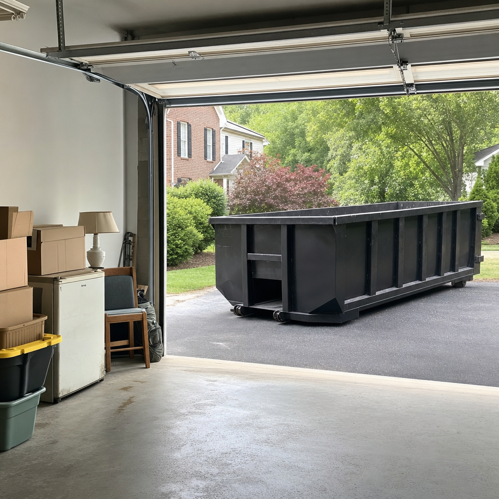 Open garage interior in a Pleasanton home mid-cleanout — boxed items, an old appliance, and stacked yard tools queued near the driveway for a matte-black roll-off dumpster, organized and calm