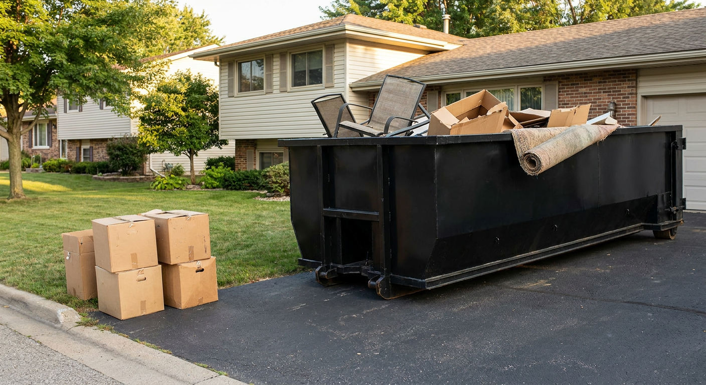 Front-yard view of a Pleasanton split-level home with a 20-yard matte-black roll-off dumpster sitting directly on the asphalt driveway, a few clearly labeled donation boxes staged at the curb, calm sunny afternoon.