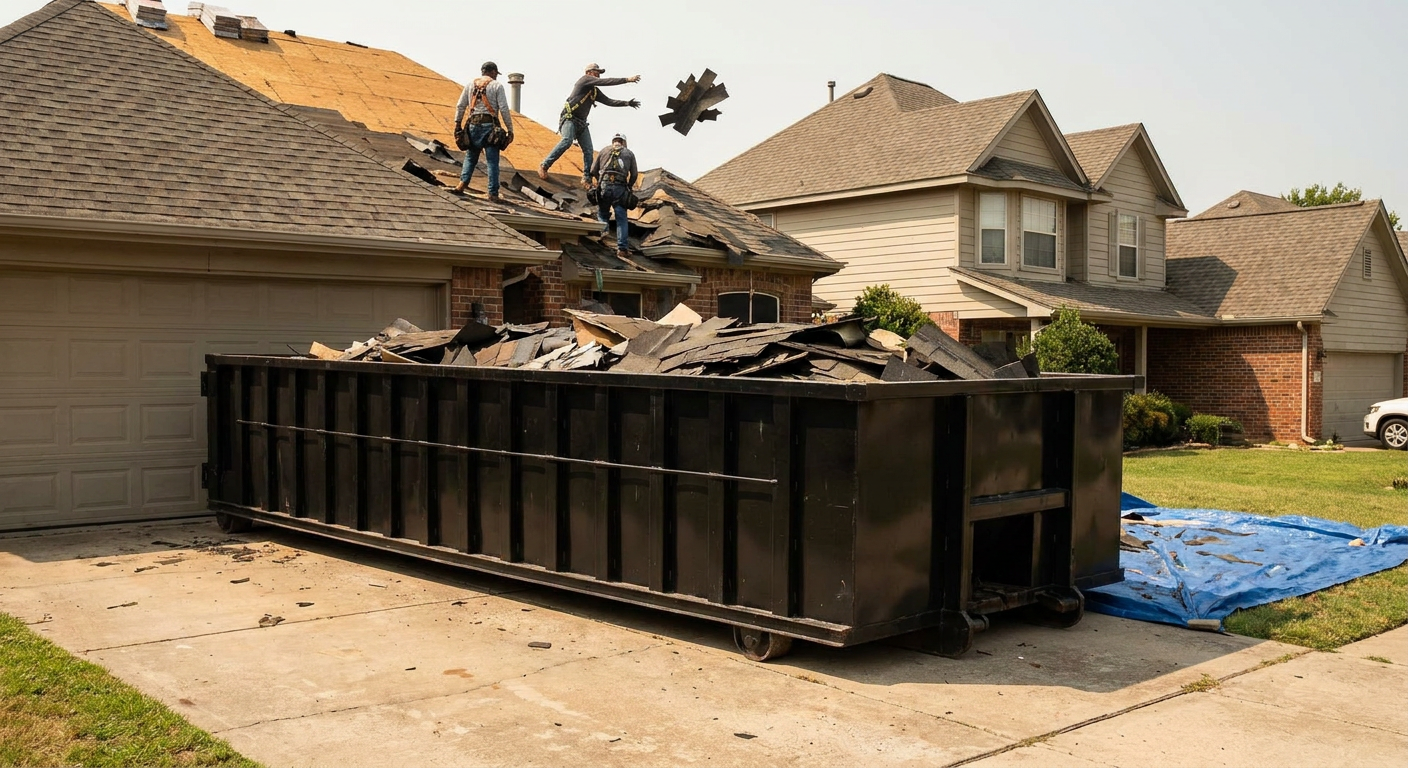 Matte-black roofing roll-off dumpster placed directly on a Pleasanton residential concrete driveway, a tear-off crew on a two-story asphalt-shingle roof tossing shingle bundles into the low-walled container, bright daylight, documentary 35mm perspective.