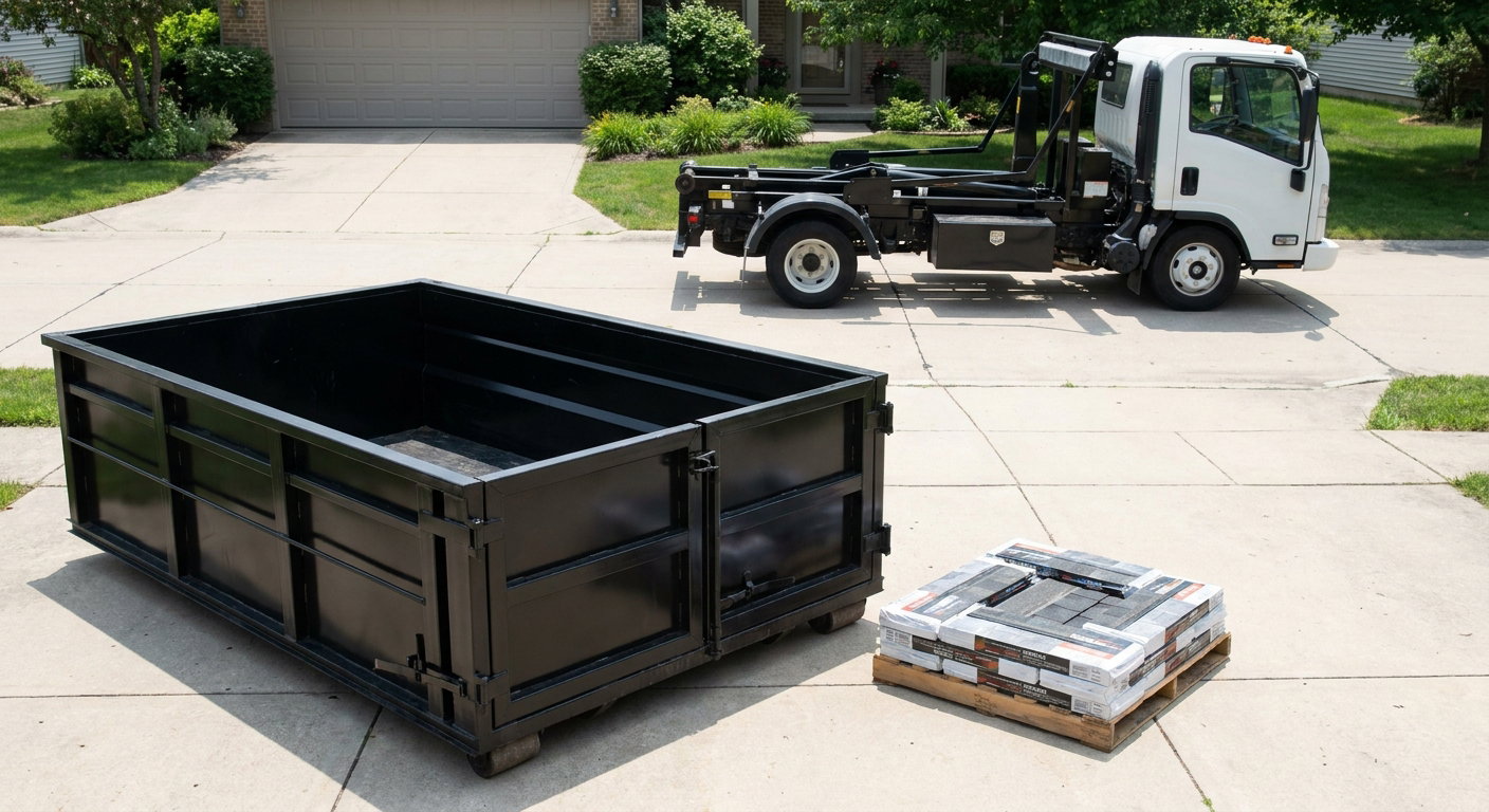 Matte-black 15-yard roofing roll-off dumpster with reinforced low side walls sitting directly on a Pleasanton residential concrete driveway, three-tab asphalt shingle bundles stacked nearby, an unmarked white hauler truck partially visible at the edge of the frame.