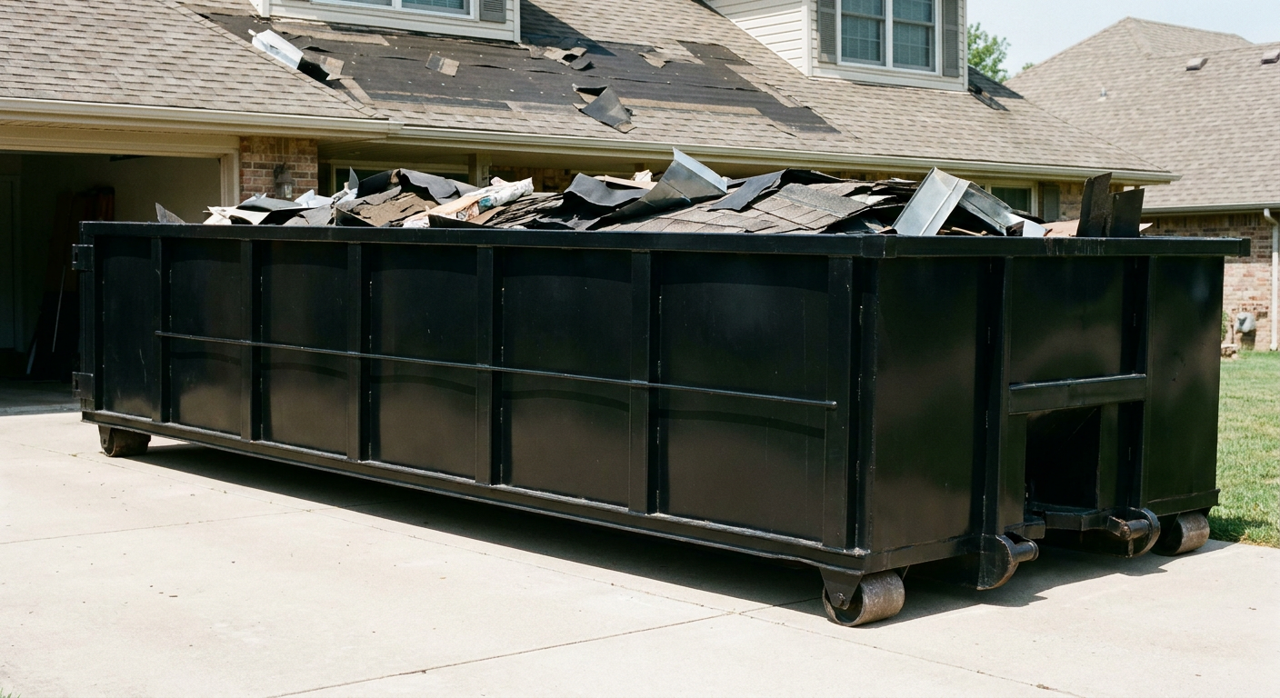 Matte-black 20-yard roofing roll-off dumpster with steel ribbed sides and swinging rear door, sitting directly on the concrete driveway of a two-story Pleasanton home, asphalt shingle debris being loaded over the low wall, clean documentary lighting.