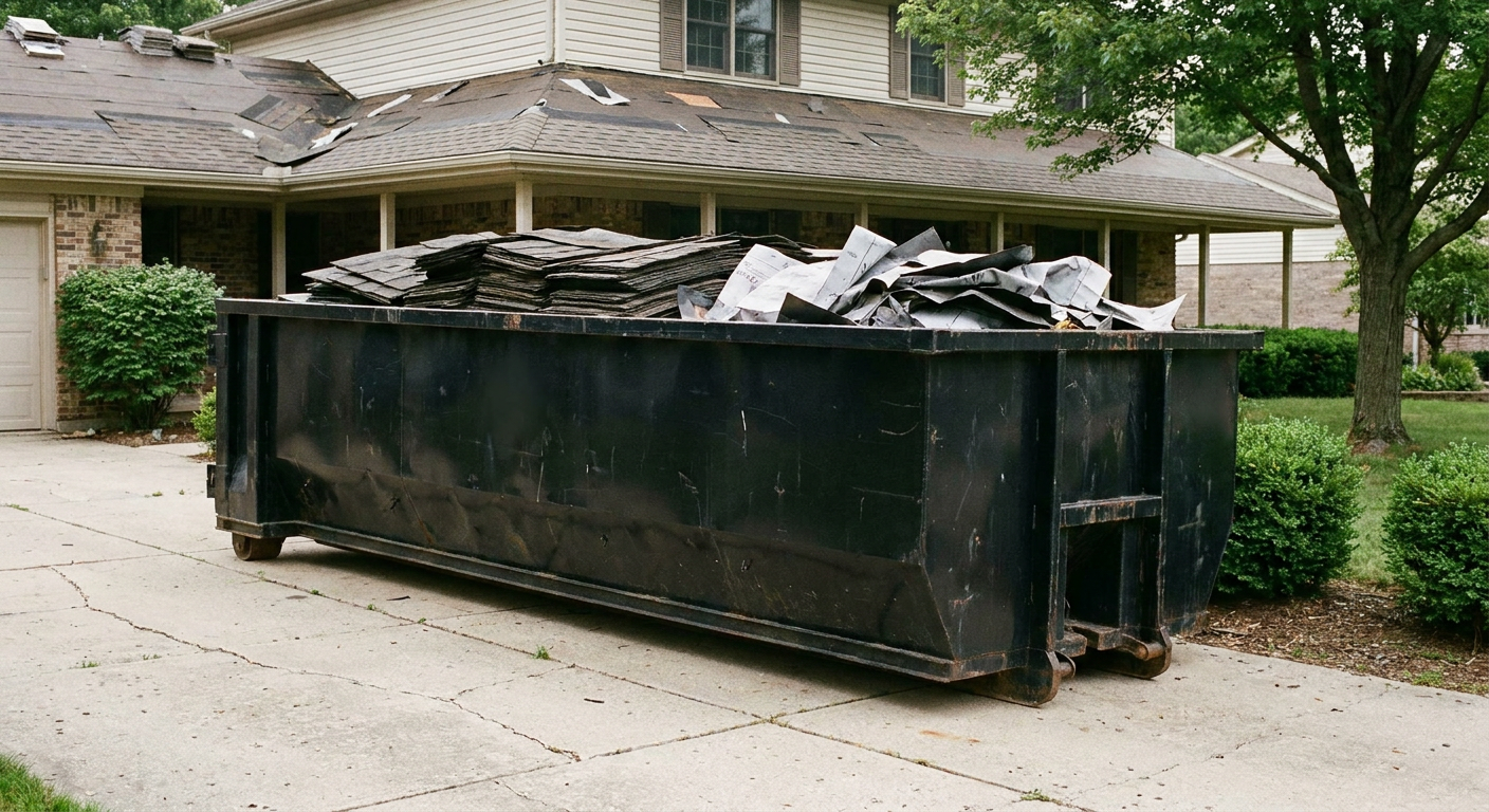 Matte-black 30-yard roofing roll-off dumpster sitting directly on a Pleasanton concrete driveway, taller ribbed steel side panels, mixed tear-off debris of asphalt shingles and underlayment inside, professional documentary daylight.