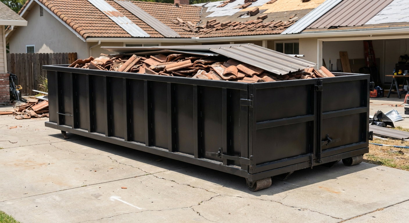 Matte-black low-wall heavy-debris roofing roll-off dumpster sitting directly on a Pleasanton concrete driveway, broken concrete clay roof tiles and metal panel sections loaded inside, reinforced ribbed steel side walls visible, bright outdoor daylight.