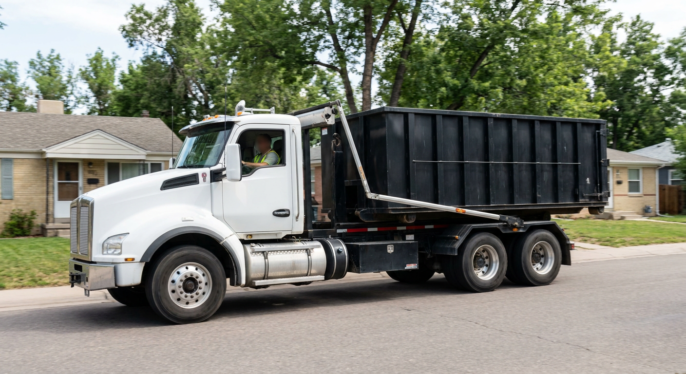 A wide documentary shot of a matte-black roll-off delivery truck pulling onto a quiet Pleasanton residential street at mid-morning, with neighborhood rooftops and tree-lined blocks visible behind, showing the metro coverage footprint.