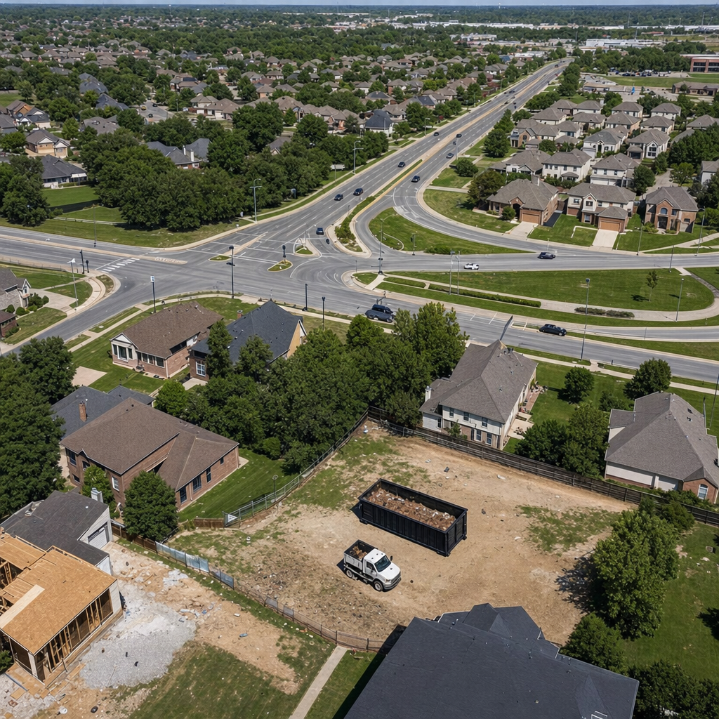 An overhead documentary view of the Pleasanton metro area at midday, showing the spread of neighborhoods, arterial roads, and the dispatch radius from a central yard — clean daylight, organized geographic layout.