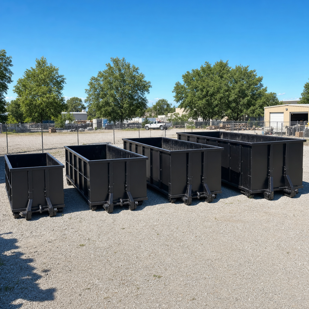 A clean lineup of matte-black roll-off dumpsters in 10, 20, 30, and 40-yard sizes staged on a sunlit gravel yard in Pleasanton, showing the size progression from compact to commercial-scale containers.