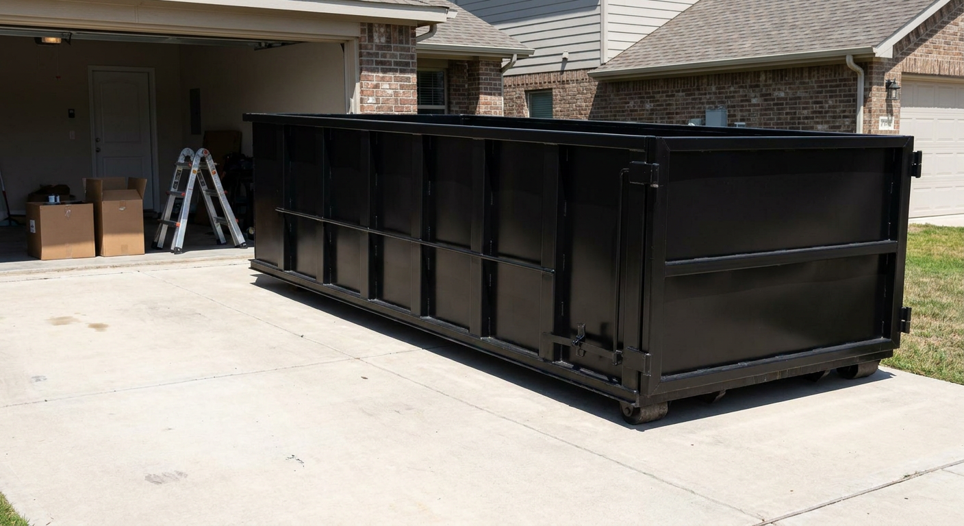A matte-black 10-yard roll-off dumpster sitting directly on a residential Pleasanton concrete driveway, mid-day sunlight, clean and ready for a garage cleanout.