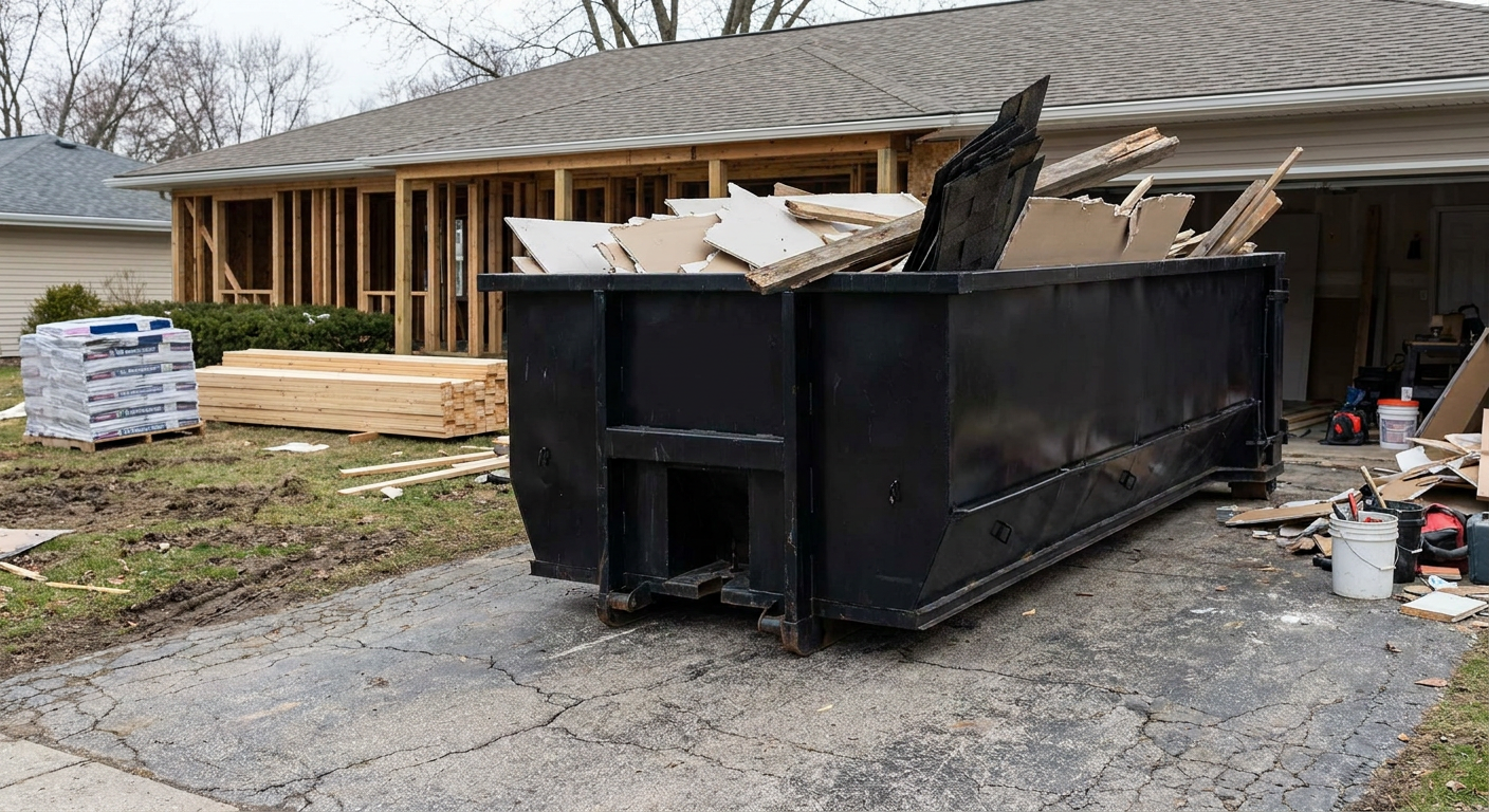 A matte-black 20-yard roll-off dumpster placed alongside a mid-renovation Pleasanton home directly on the asphalt driveway, with framing materials and torn-off shingles staged neatly nearby.
