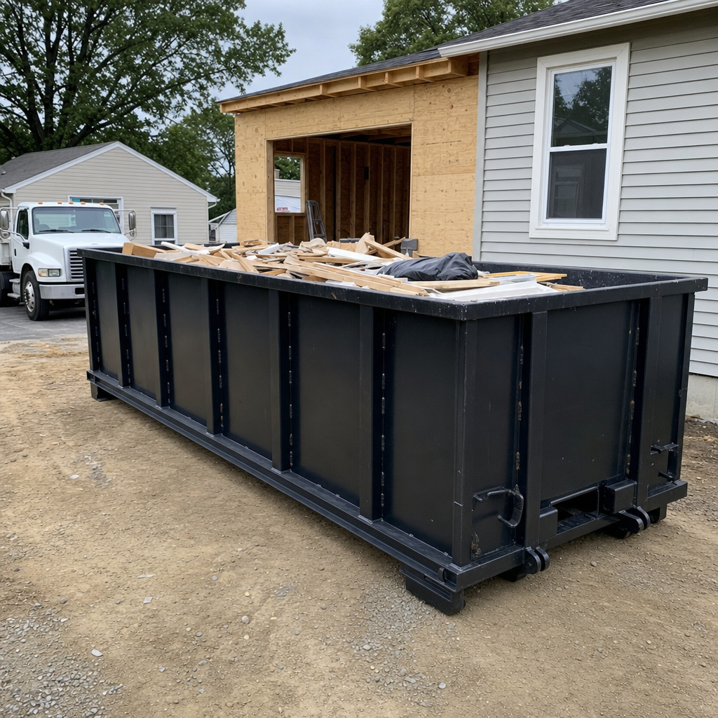 A matte-black 30-yard roll-off dumpster positioned at a Pleasanton residential addition jobsite, with framing lumber and drywall scraps loaded through the open swinging rear doors.