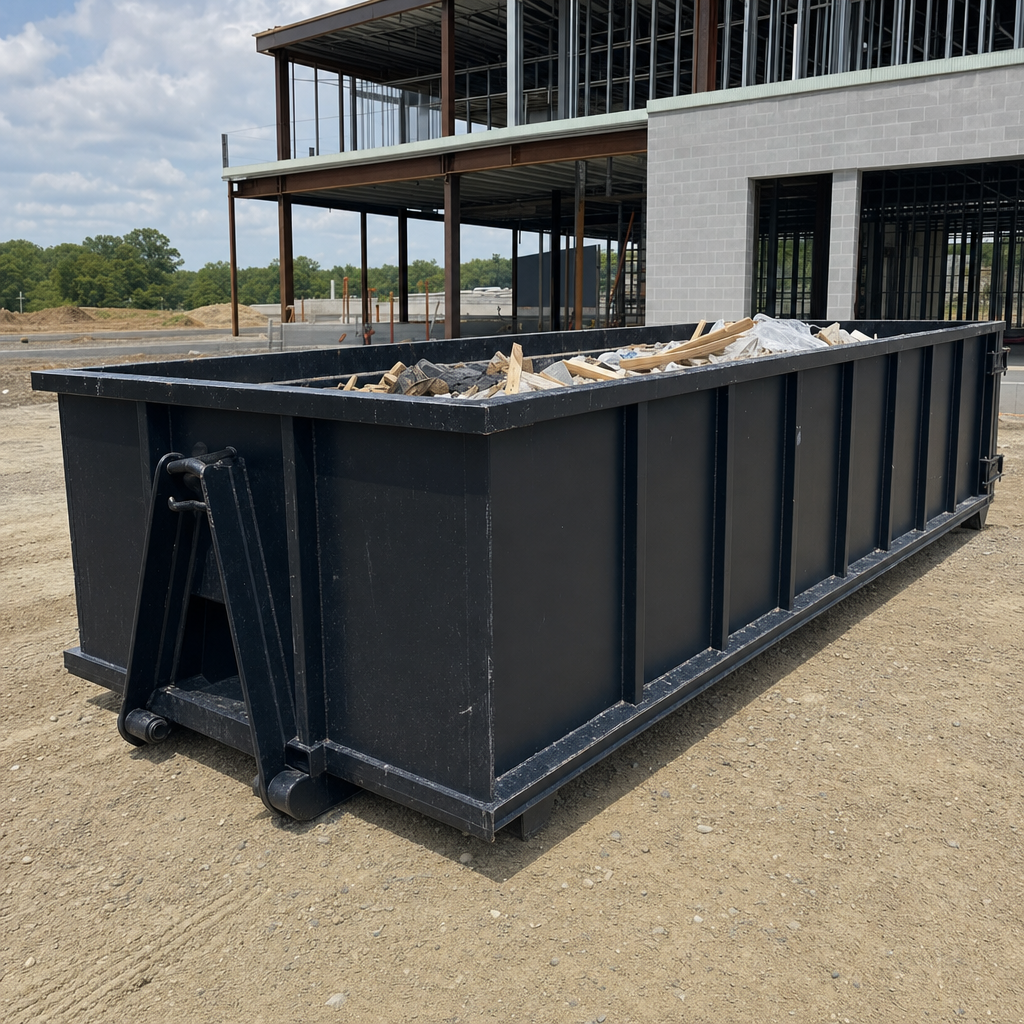 A matte-black 40-yard roll-off dumpster staged on a large Pleasanton commercial construction lot, with a hooklift delivery truck parked alongside under bright midday sky.
