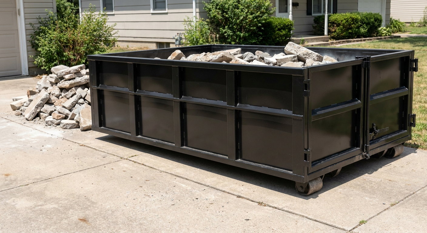 A matte-black low-side heavy-debris roll-off dumpster placed directly on a Pleasanton concrete driveway, with broken concrete chunks neatly stacked beside it under clean daylight.